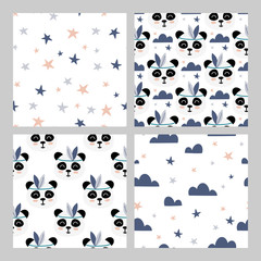 Panda, cute stars and clouds, set of  hand drawn seamless patterns. Cute childish drawing. Baby wrapping paper, textile, vector illustration