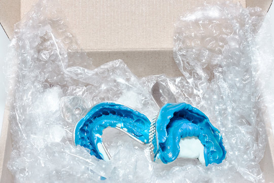 Two silicon dental molds in a box for transportation