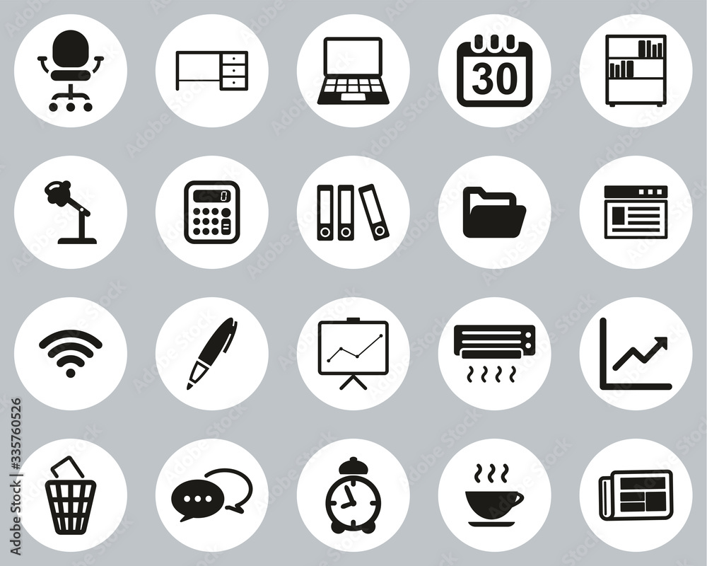 Poster Office & Office Equipment Icons Black & White Flat Design Circle Set Big