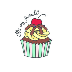 It's my favorite! Illustration of a cream cupcake decorated with a cherry. Vector 8 EPS.