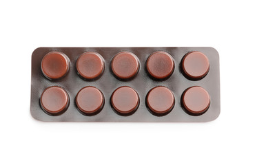 Blister pack with pills on white background