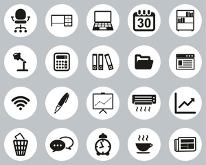 Office & Office Equipment Icons Black & White Flat Design Circle Set Big