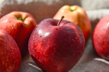 Fototapeta na wymiar ripe red apples in water drops close up