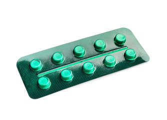 Blister pack with pills on white background