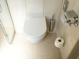 Modern interior of restroom with flush toilet, white toilet in the bathroom.