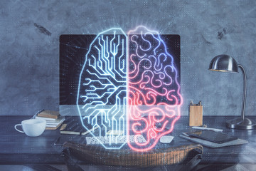 Double exposure of table with computer and brain hologram. Data innovation concept.
