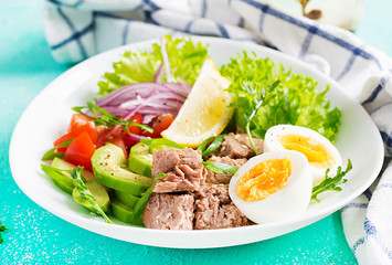 Healthy food. Tuna fish salad with eggs, lettuce, cherry tomatoes, avocado and red onions.  French cuisine.