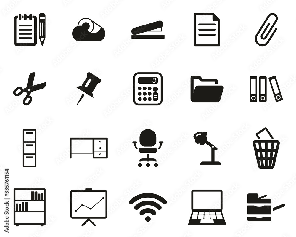 Sticker Office Supplies Icons Black & White Set Big