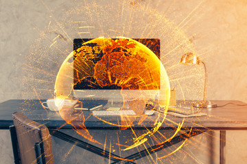 Computer on desktop with social network theme icon. Multi exposure. Concept of international...
