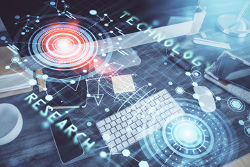 Technology theme drawing and table with computer. Double exposure. Concept of information.