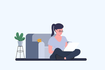 Happy freelancer girl on sofa with computer. flat vector illustration on soft background. freelancer with laptop. chatting, home workplace, job online, internet.