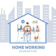 Obraz na płótnie Canvas man sits at the computer with cats on a white background home isolation vector illustration
