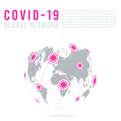 Abstract Coronavirus or COVID-19 and point scales on white background with Global. Wire frame 3D mesh polygonal network line, design sphere, dot and structure. Vector illustration eps 10.