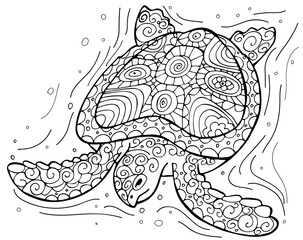 Stylized underwater turtle isolated on white background. Perfect for adult antistress coloring page, T shirt print, logo or tattoo with doodle, invitation, greeting card.