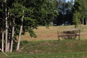 An old-time mower stands in a meadow near trees. Antique horse drawn sickle bar hay mower