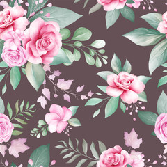 Seamless pattern of watercolor flowers arrangements on dark background for fashion, print, textile, fabric, and card background