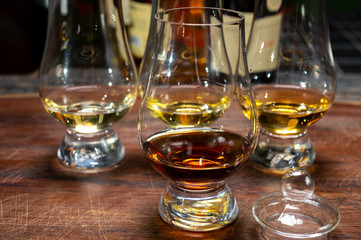 Tasting of flight of Scotch whisky from special tulip-shaped glasses on distillery in Scotland, UK
