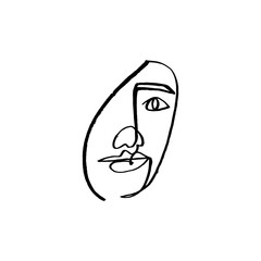 Line drawn black and white trendy face silhouette. Abstract contour. Print for clothes, textile and other.