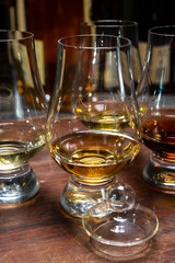 Tasting of flight of Scotch whisky from special tulip-shaped glasses on distillery in Scotland, UK