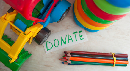 volunteer boxes, for donations, charity gathering for needy children, children give their toys to...