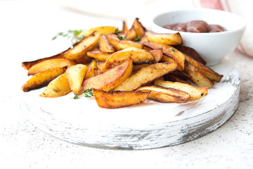 Home-made fried potatoes in slices with herbs and ketchup, rustic potatoes