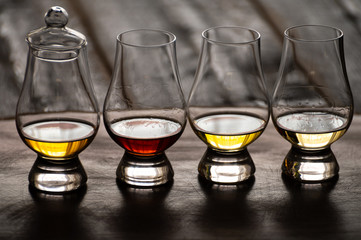 Tasting of flight of Scotch whisky from special tulip-shaped glasses on distillery in Scotland, UK