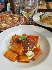 Paccheri with shrimp rock, tomato sauce and basil.