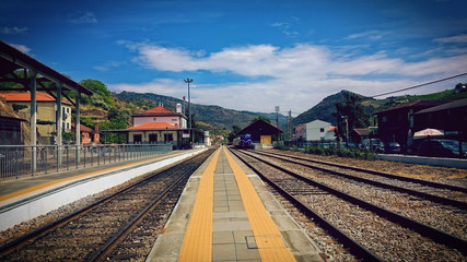 Fototapeta na wymiar Train On Railway In Douro Valley, Portugal