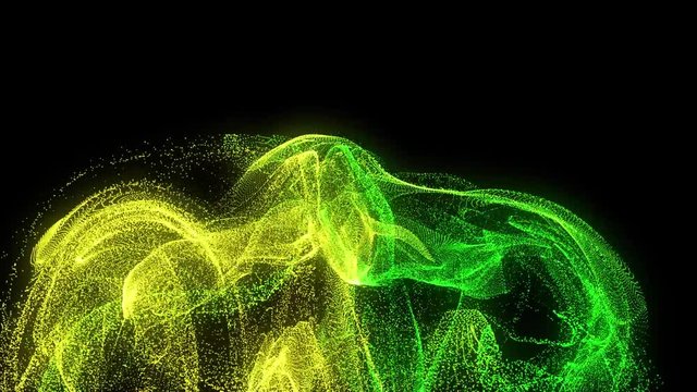 3d rendering abstract digital yellow, green particles on black background with dots.