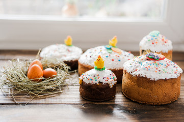 Delicious easter bread cake on wooden background. homemade bread to a traditional easter feast