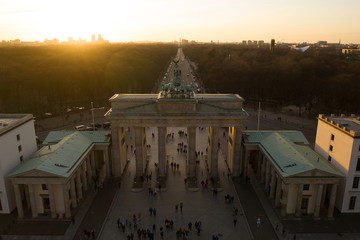 Brandenburg Gate in Berlin, Germany from a Drone perspective in Beautiful Sunset