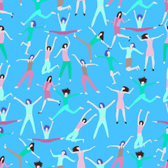 Fototapeta na wymiar Seamless texture with the girls. Fun illustration with jumping and dancing girls. Vector illustration