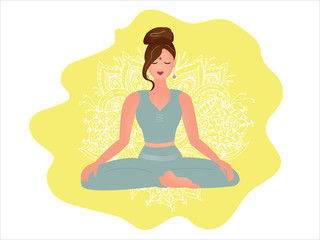 Woman yoga silhouette in lotus position with ornamental background