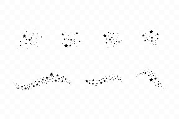 Set of black falling stars. Cloud of black stars isolated on transparent background. Vector illustration. Meteoroid, comet, asteroid, stars © tanandaa