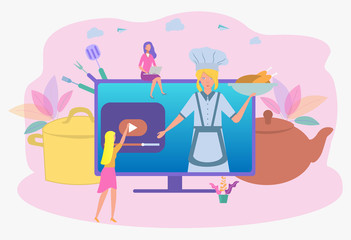 Professional woman chef holds a lesson on how to cook food professionally. Gourmet blogging, the personal blog of a professional chef. Colorful vector illustration.