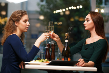 Two young successful women drink wine in a restaurant and celebrate the deal