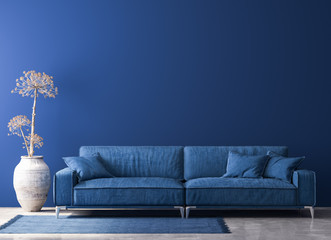 Stylish living room interior in trendy blue, color of the year