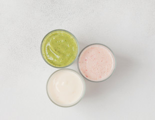 Assortment organic vegetarian protein shakes with Almond Milk. Healthy nutrition. Top view. 