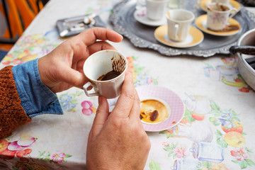 The turkish coffee in the hand fortune telling, divination, and tragedy for year of 2020.
