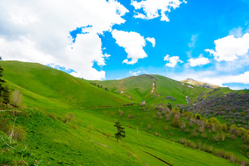 Beautiful mountain panorama with lush greens, blue skies, and puffy clouds