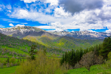 Beautiful mountain panorama with lush greens, blue skies, and puffy clouds