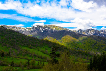 Fototapeta na wymiar Beautiful mountain panorama with lush greens, blue skies, and puffy clouds