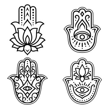 Set of Hamsa hand drawn symbol with lotus flower. Decorative pattern in oriental style for interior decoration and henna drawings. The ancient sign of "Hand of Fatima".