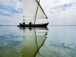 Boats with Latin sail in the albufera de Valencia, Spain