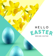 Patterned Easter background layout with daffodil flowers and easter chocolate eggs. Vector illustration.