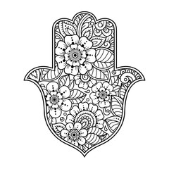 Hamsa hand drawn symbol with flower. Decorative pattern in oriental style for interior decoration and henna drawings. The ancient sign of 
