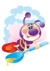bee character flies and holds in its paws a large spoon with honey, vector illustration, eps