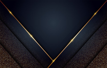Black abstract layer geometric overlaps illustration with golden glitter background