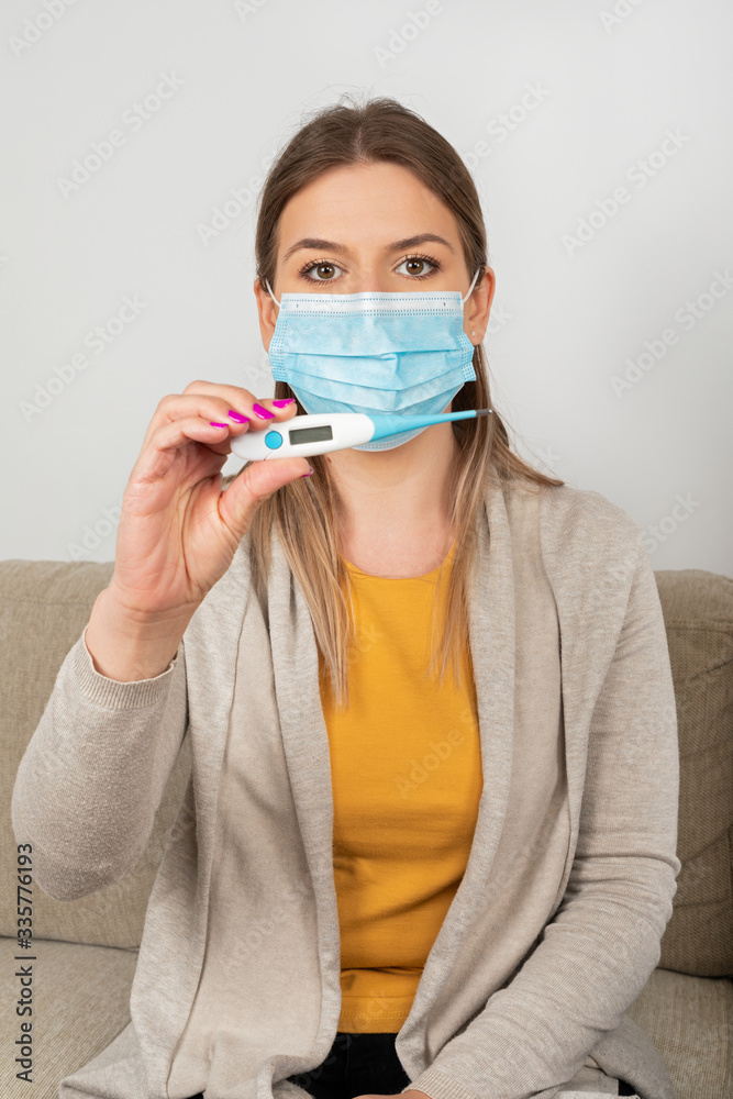 Sticker woman with coronavirus symptoms at home