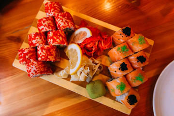 Japanese food - sushi and rolls, close-up, horizontal. Philadelp